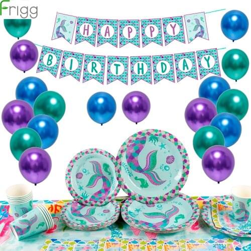 Frigg Mermaid Party Supplies Mermaid Theme Decoration Banner Balloon For Kids Favor Happy Birthday Party Disposable Tableware