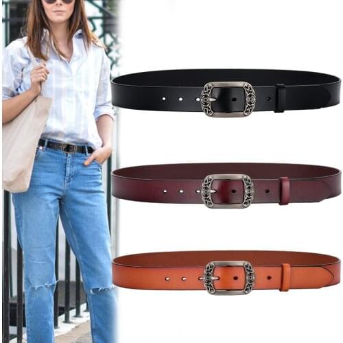 Genuine leather belts for women Fashion vintage carved Pin buckle woman belt jeans High quality real cowskin waist strap female