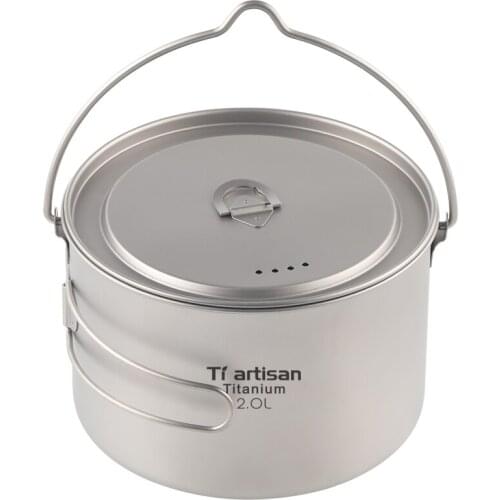 Tiartisan 2000ml Outdoor Titanium Pot Water Cup Tableware Outdoor Camping Cooking Pots Picnic Hanging Pot with Lid Handle