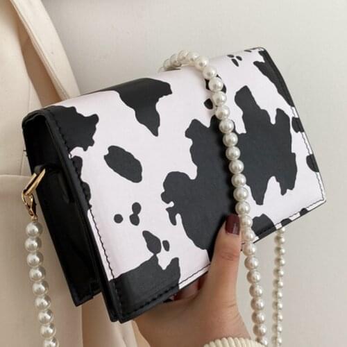 Milk Cow Pattern Shoulder Crossbody Bags For Women 2021 PU Leather Womens Designer Pearl Chain Handbag Travel Messenger Bag