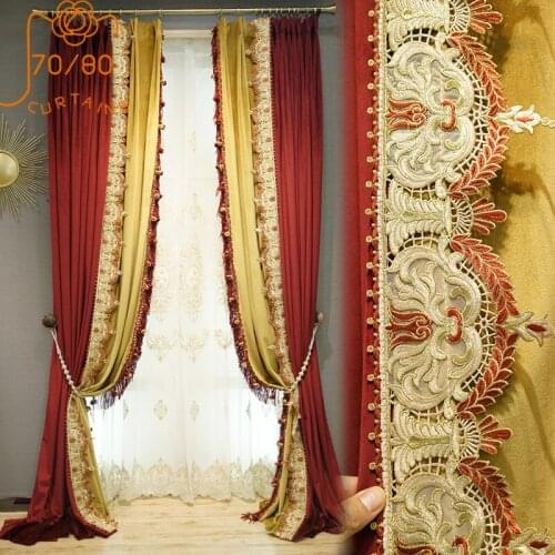 European-style High-end Flannel Lace Stitching Curtains Blackout Curtains for Living Room Bedroom French Embroidered Screens