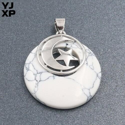 YJXP Silver Plated Round Hollow with Star Pendant Half Moon White Turquoises Stone Vintage Jewelry