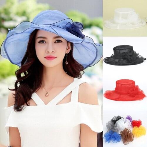 Fasion 2020 Women Wedding Formal Church Organza Wide Brim Hat Fedoras Ladies Wide Brim Kentucky Derby Mesh Sun Hat
