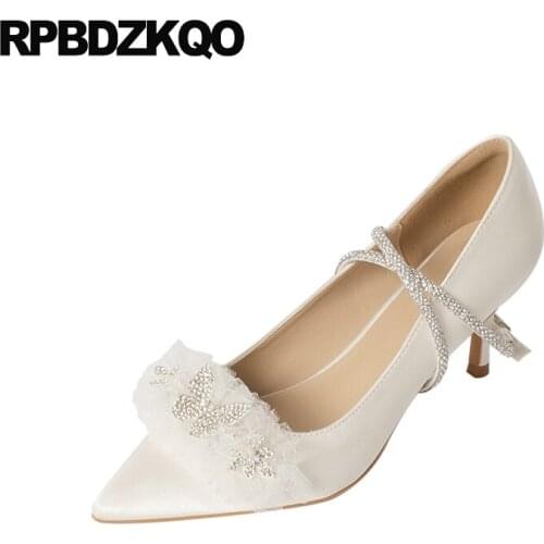 Women Cross Strap Rhinestone High Heels Satin Bridesmaid Wedding White Pumps Ivory Lace Bridal Shoes Pointed Toe Scarpin Diamond