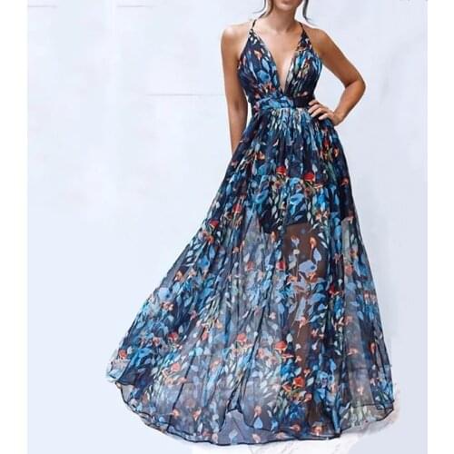 AECU Wome Floral Print Boho Maxi Dress Beach Dresses Sling Cross Sexy Strapless Sexy Lady Bohemian Summer Long Dress Robes