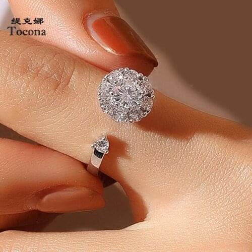 Tocona Luxury Crystal Stone Wedding Ring for Women Attractive Rotatable Silver Color Alloy Metal Opening Jewelry Anillo MJ0889
