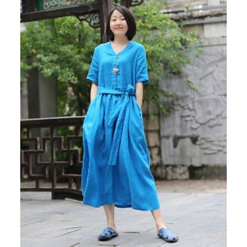 Women Spring Summer Cotton Linen Dress Ladies Vintage Half Sleeve Waisted Dress Female 2020 Cotton Flax Solid Color Dresses