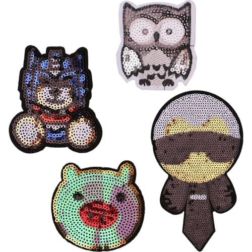 1 Pcs Owl Pig Head Bear cartoon sequin icon Iron on Patches for Clothing DIY Stripes Clothes Patchwork Stickers Custom Badges