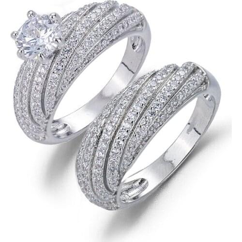 Luxury Diamond Rings 2pc for Women Engagement Ring Full Paved CZ Stone Silver Color Elegant Simple Female Jewelry Rock Rings