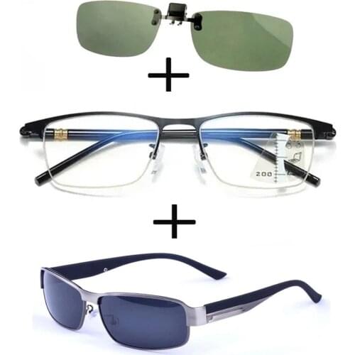 3Pcs!!! Progressive Far and Near Business Reading Glasses Men Women + Polarized Sunglasses Alloy Sports + Sunglasses Clip