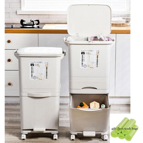 42L Large Double Layers Garbage Trash Cans Kitchen Vertical Waste Sorting Bins with Wheel gift Garbage Bag Recyclable Household
