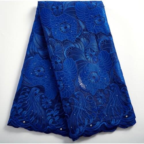 African Lace Fabric 2021 Royal Blue Swiss Voile Cotton Embroidery Flowers Sew Dry Fabrics 5 Yards Dresses For Women Party A2423
