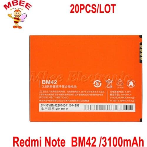 20PCS/LOT For Xiaomi Redmi Note Battery BM42 3100mAh Original Replacement Battery For Hongmi note