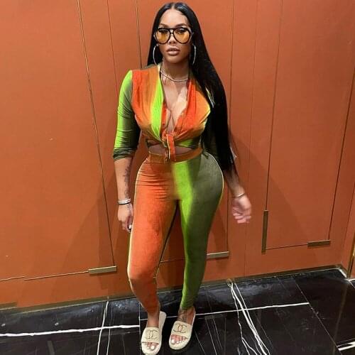 2 Piece Set Women Set Gradient Color Long Sleeve Turn-down Single Shirt Blouse Tops And Elastic Waist Full Length Pants Outfits