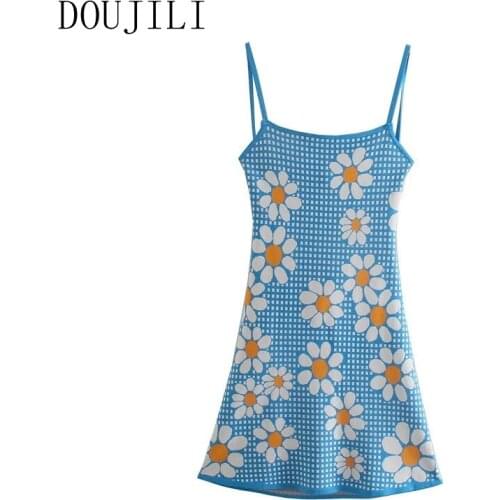 DOUJILI 2021 Fashion Female Flowers Strap Knit Blue Dress Sleeveless Backless Women Casual Dress