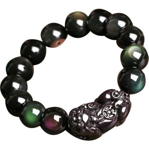 Feng Shui Obsidian Pi Yao with a Tiger Eye Bead Bracelet for Wealth W3052