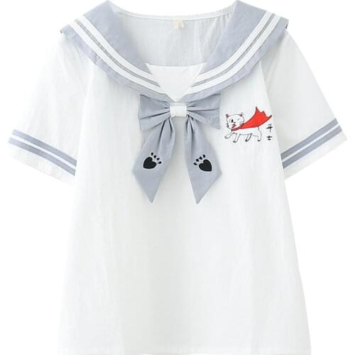 Vintage Sailor Kawaii Cat Grapgic T Shirts Women Lolita School Uniform Teens Summer Tops Soft Girl Cute Bow Tie Striped Tshirt