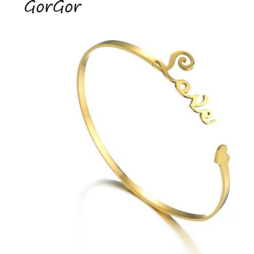 GorGor Bangles Women Stainless Steel Fashion Statement LOVE-english Letter Opening Exquisite Elegant Birthday Gift F-B529