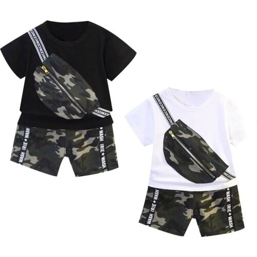 2Pcs Toddle Boys Cotton Summer Suit Camouflage Print Round Neck T-shirt Elastic Waist Shorts Set for Exercise Sport Casual Wear