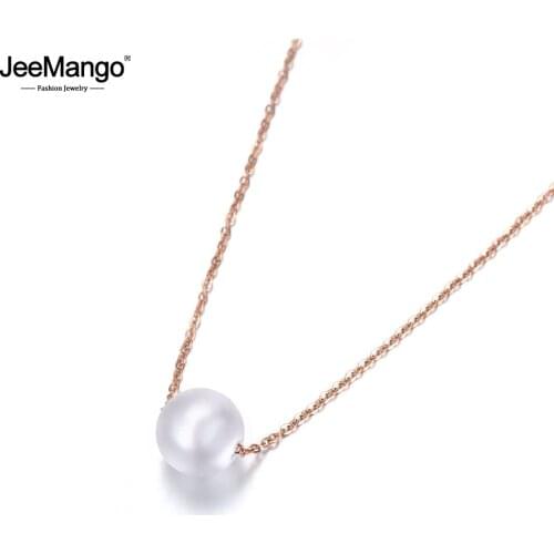 JeeMango Classic Simulated Pearl Pendant Necklaces Jewelry Titanium Steel Chokers Necklace For Women Christmas Gifts JN18005