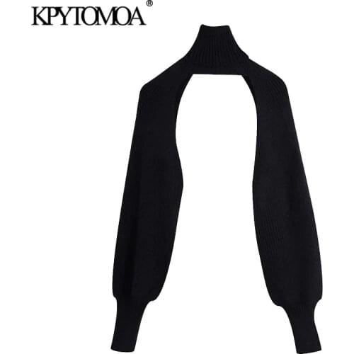 KPYTOMOA Women 2020 Fashion Arm Warmers Cropped Knitted Sweater Vintage High Neck Long Sleeve Female Pullovers Chic Tops