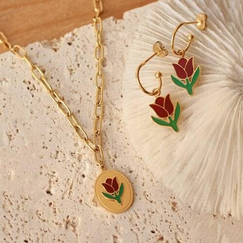 Fashion Stainless Steel Tulip Flower Necklace Charm Dangle Drop Earrings For Women Jewelry Set Gifts