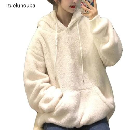 2020 New Autumn And Winter Lamb Plush Girl Hoodie Plus Velvet Thick Loose Casual Solid Color Drawstring Pocket Women Sweatshirt