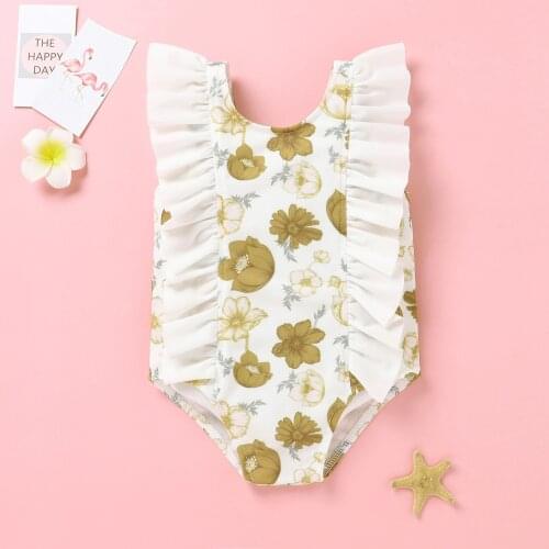 Newest Arrival Baby Girl’s Sweet Flower Printing One-Piece Swimsuit Fashion Flounce Sleeveless e Swimsuit