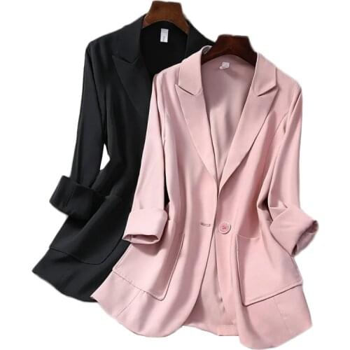 2021 New Spring Summer Thin Suit Jacket Plus Size Womens A Buckle Casual Blazer Female 3/4 Sleeve One-piece Outerwear 4XL Black