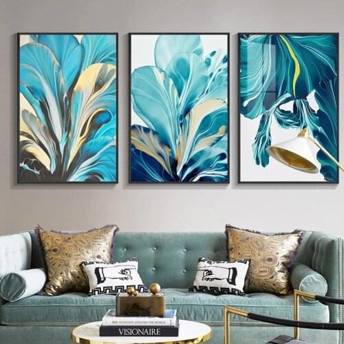 Blue Botanical Leaf Poster Minimalist Nordic Flowers Plant Canvas Painting Blue Floral Wall Art Pictures for Living Room Decor