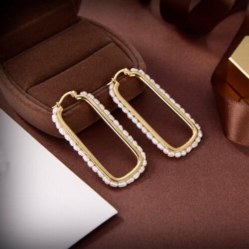 Popular brand jewelry retro rectangular gold earrings pendant lady pearl long earring party party birthday gift wedding jewelry