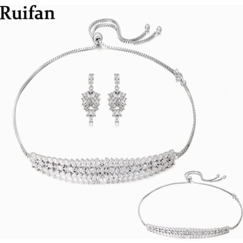 Luxury Cubic Zirconia 925 Sterling Silver Necklace Drop Earrings Bracelet Sets Wedding Bridal Jewelry Sets Accessories YJS002