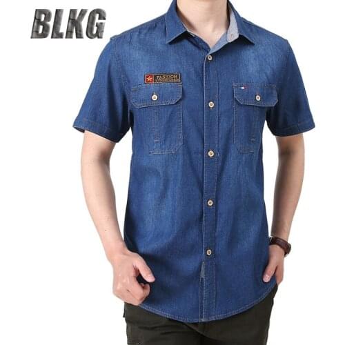 Spring Summer Jean Shirt Men Casual Shirts Retro Solid Color Short Sleeves Military Shirts for Men Camisas Para Hombre S-4XL