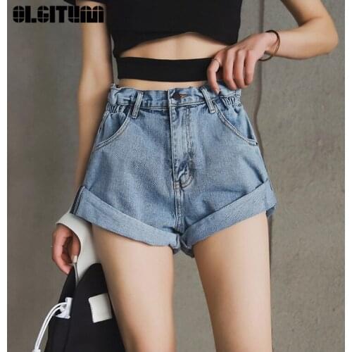 White Female Short Denim Shorts Khaki Curled Wide Legs 5 Colors Elastic Waist Shorts Retro High Waist Shorts Female 2020 Summer