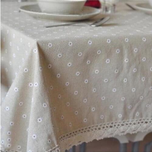 Daisy Flower Decorative Pattern Tablecloth Linen Cotton Table Cloth with Lace Dining Table Cover Furniture Wedding Decoration