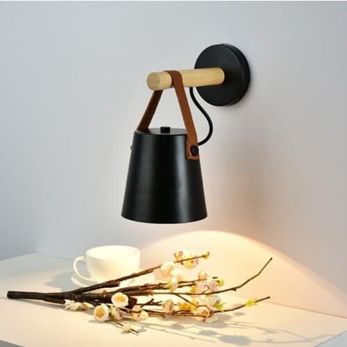 Modern nordic loft E27 LED 220V &110V wall lamp leather strip & metal painted lampshade black and white color simple lights