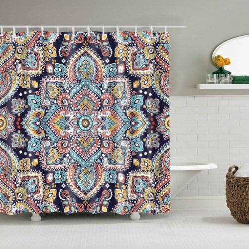 Dafield Mandala Shower Curtain Floral Pattern Leaves Art Theme Inspired Medallion on Polka Dots Cloth Fabric Bathroom