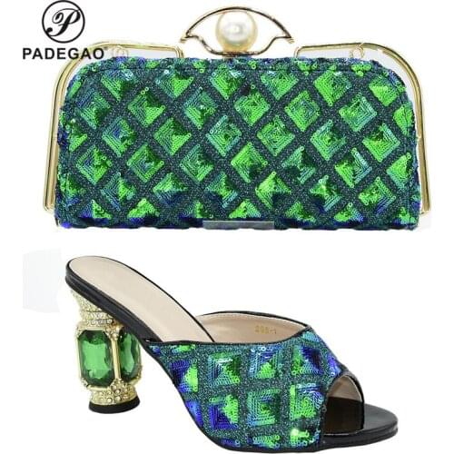 Green Color 2020 New Arrival African Rhinestone Slippers With Bag Set Italian Pretty Pumps Women Shoes And Bag To Match Set