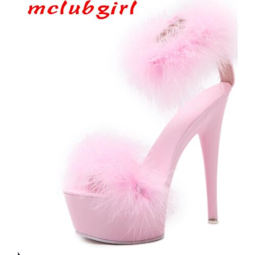 Mclubgirl Sandals for Women Model High Heels Fine with Sexy Black Platform Heels Ultra-High-Heel Furry Sandals Womens LFD