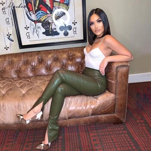 Macheda Autumn Solid Fashion PU Leather Trousers Women High Waist Streetwear Clothing Lady Sexy Slim Pencil Pants 2020 New