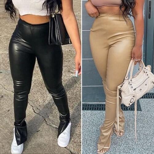 Womens Sexy PU Leather Side Slit Stacking Faux Leather Slim Slimming Breathable Stretch Pants