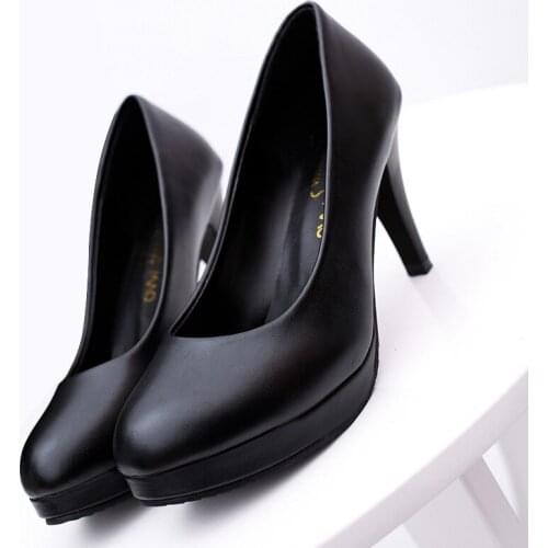 Black waterproof platform stiletto heel women 's shoes professional round head light expressions using hotel work shoes