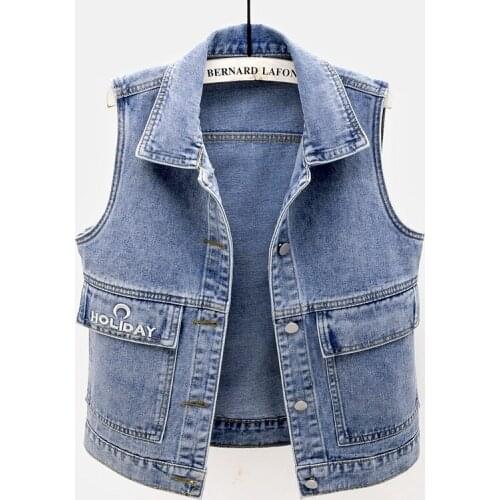 Korean Fashion Letter Embroidery Big pocket Short Denim Vest Women Waistcoat Plus size Loose Sleeveless Jacket Jeans Vest Female