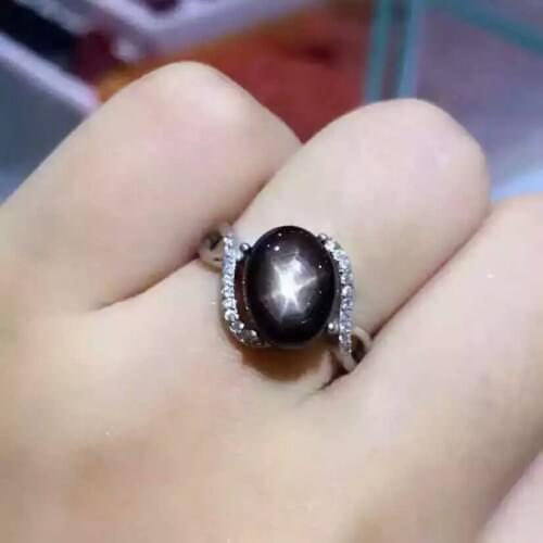 Natural Starlight black sapphire gem Ring Natural gemstone ring S925 sterling silver trendy big round environ women gift Jewelry