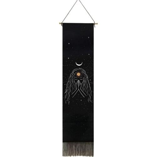 1Set Narrow Tapestry Wall Hanging Long Meditation Girl Tapestry for Home Bedroom Living Room Vertical Tapestry Black
