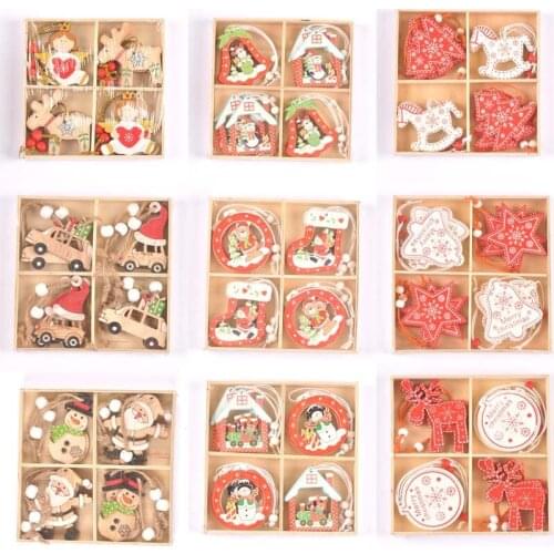 12Pcs/box New Cartoon Christmas Decorations Wooden Pendant Xmas Tree Hanging Ornaments Handmade Home Supplies Kid Gifts c2729