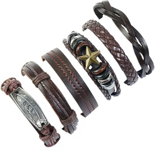 6pcs/set new arrival braided punk vintage cowhide bracelet cross-border source diy combination suit mens leather bracelet