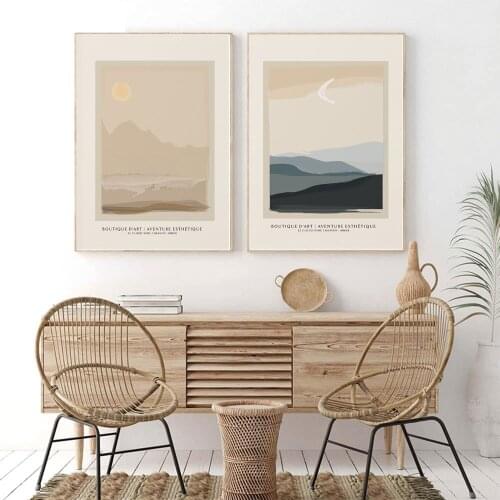 Abstract Moon Sun Poster Natural Canvas Painting Retro Landscape Art Print Mid Century Wall Picture For Living Room Home Décor