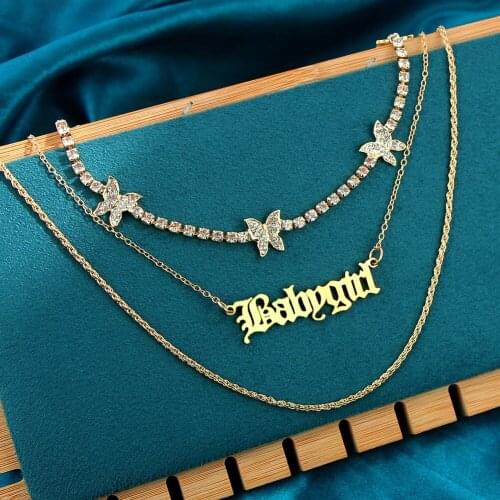 Womens Babygirl Alphabet Pendant Necklace Gold Color Multilayer Rope Chain Butterfly Crystal Chain Necklace Set Fashion Jewelry