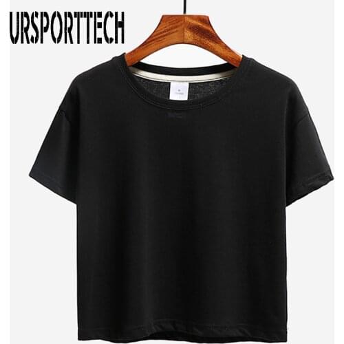 Best Sell Harajuku O Neck Womens T-shirt Sexy Black Short Sleeve Crop Top Stretch Womens Shirt Summer Cotton Female Tops Tees